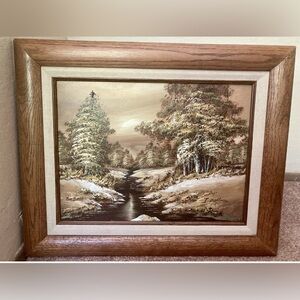 Vintage Original Oil Painting Signed J Evans – Framed Winter Landscape Mountain